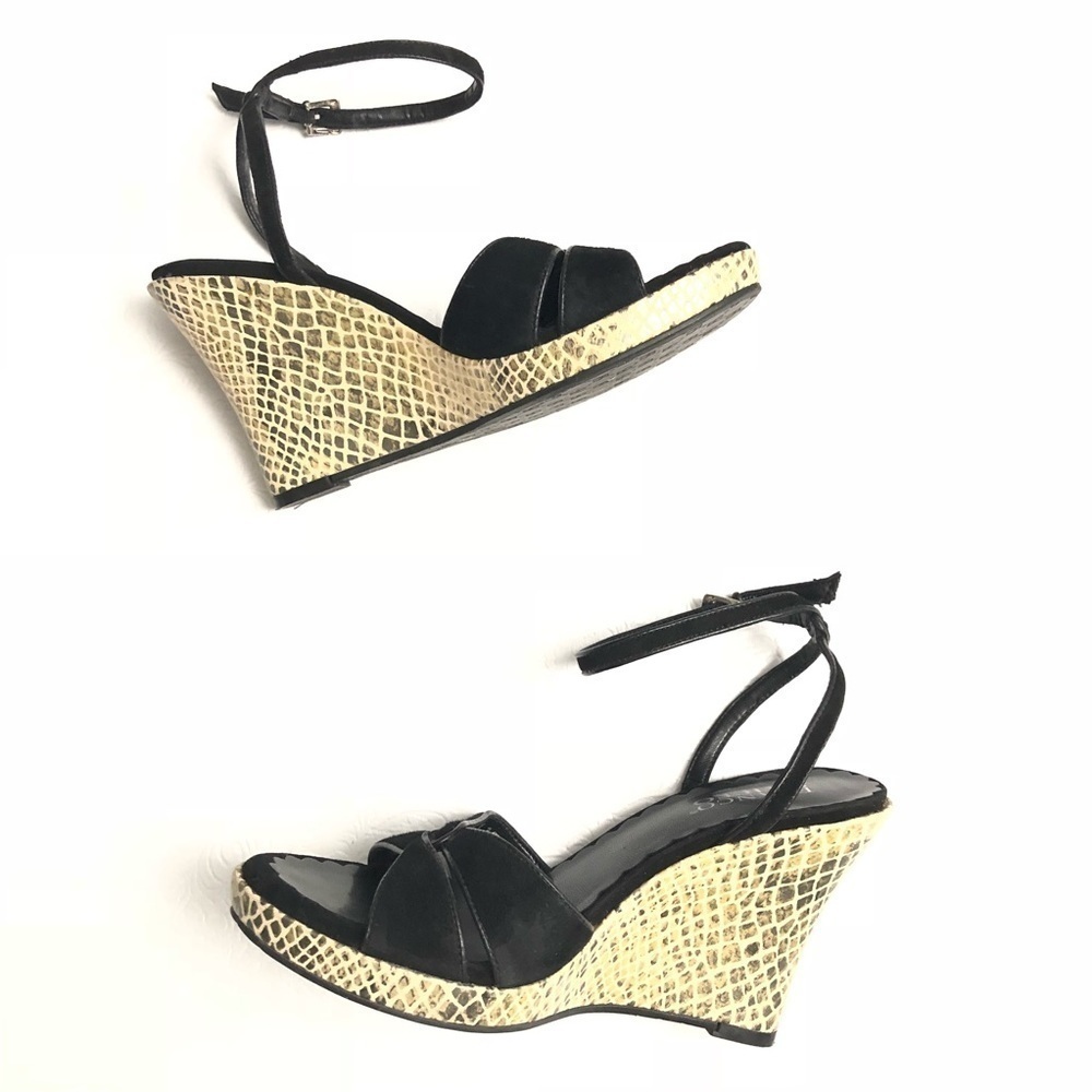 Franco Sarto Suede Ankle Strap Snake Print Wedges